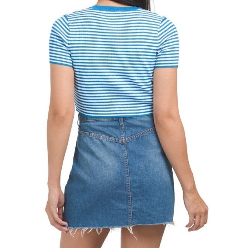 ZARA Cropped Blue Striped Sweater Knit Short Sleeve T-shirt Tee Top Size Medium - Picture 2 of 10